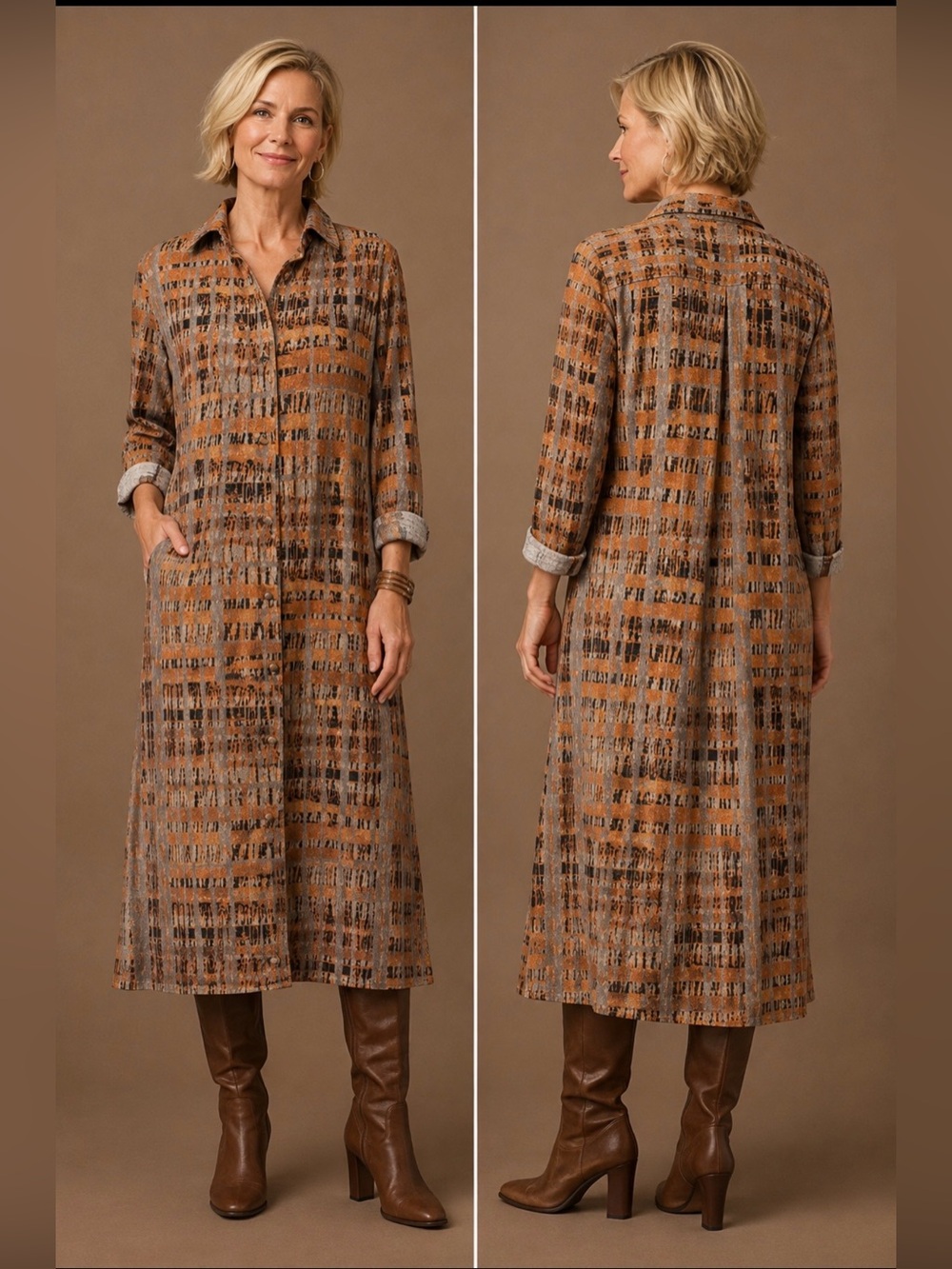 Vintage Orange Fashion Village Abstract Print Button-Front Shirt Dress – S/M